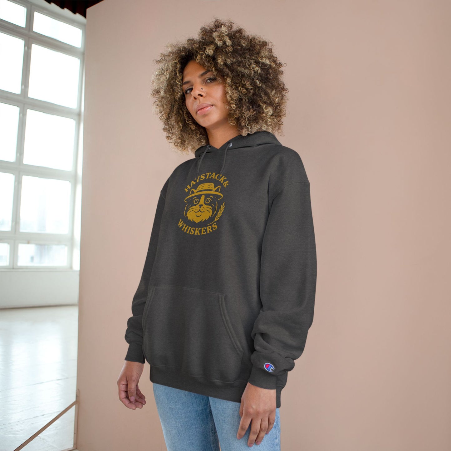 Haystack & Whiskers Champion Hoodie - Cozy Graphic Sweatshirt for Animal Lovers