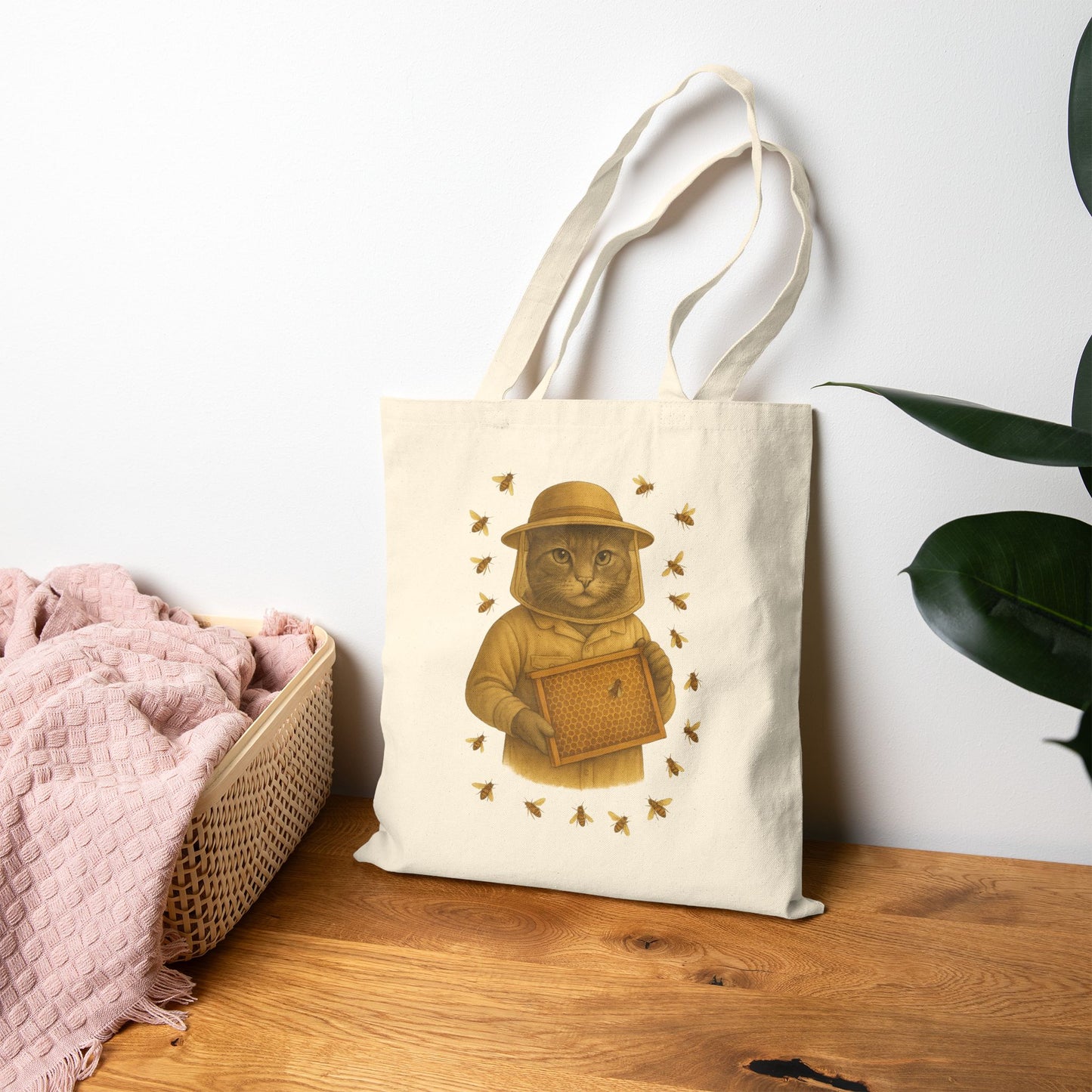 Whimsical Cat Beekeeper Tote Bag for Animal Lovers, Eco-Friendly Shopping Bag, Gift for Cat Owners