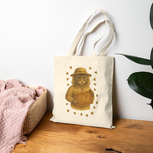 Whimsical Cat Beekeeper Tote Bag for Animal Lovers, Eco-Friendly Shopping Bag, Gift for Cat Owners